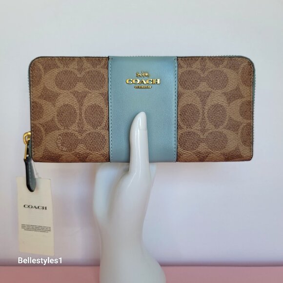 COACH Slim Accordion Zip-Around Wallet in Colorblocked Canvas & Leather-Tan Aqua - Picture 1 of 16